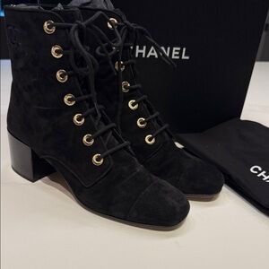 CHANEL Black Lace-Up Suede Boots